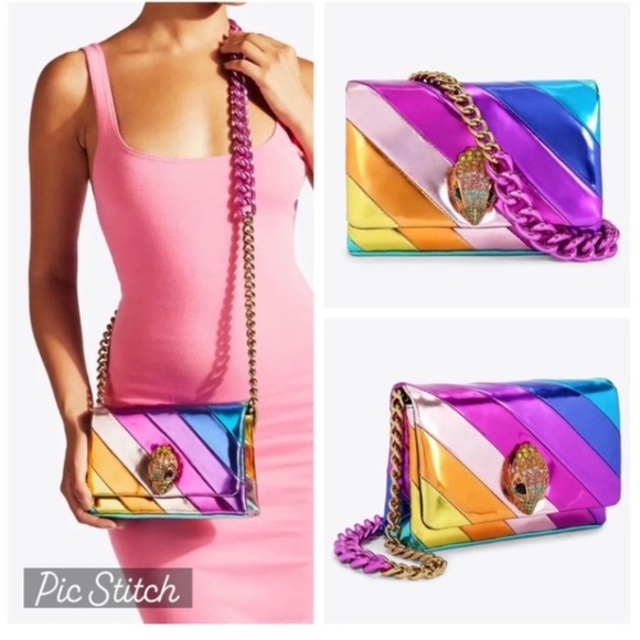 KURT GEIGER Liquid Metallic Patent RAINBOW Crossbody Clutch LARGE EAGLE HEAD - Picture 2 of 16